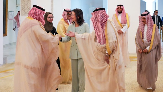 Bundesaußenministerin Annalena Baerbock (Bündnis 90/Die Grünen, M) begrüßt im Außenministerium von Saudi-Arabien die Teilnehmer eines Gesprächs mit Prinz Faisal bin Farhan Al-Saud (r), Außenminister des Königreichs Saudi-Arabien. ©  Soeren Stache/dpa 