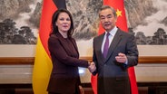 Außenministerin Annalena Baerbock wird von ihrem Amtskollegen Wang Yi, Staatsrat für Auswärtige Angelegenheiten und Außenminister von China, im Staatsgästehause Diaoyutai begrüsst. © Michael Kappeler/dpa 