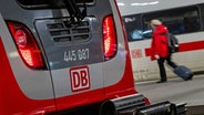 Eine Regionalbahn und ein ICE der Deutschen Bahn stehen nebeneinander in einem Bahnhof, während eine Frau mit einem Koffer vorbeiläuft. © dpa bildfunk Foto: Peter Kneffel