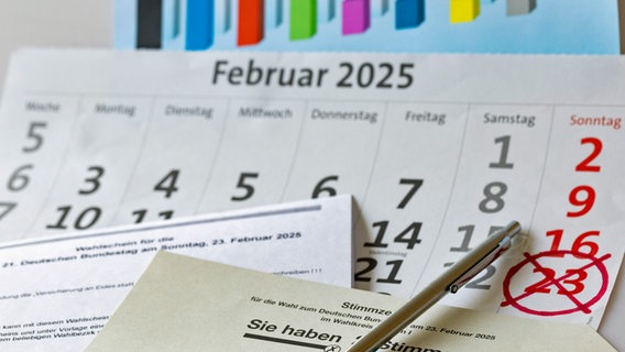 Ein Wahlzettel und ein Stift liegen auf einem Kalender, auf dem der 23. Februar, das Datum der Bundestagswahl 2025, angekreuzt ist. © picture alliance / Geisler-Fotopress | Robert Schmiegelt/Geisler-Fotopr 