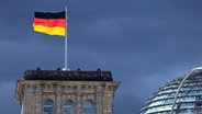 Eine der Flaggen auf dem Reichstag leuchtet bei starkem Wind wehend vor der Kulisse von dunklen Regenwolken. © Soeren Stache/dpa 