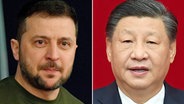 Porträtfotos von Wolodymyr Selenskyj (l.), Präsident der Ukraine, und Xi Jinpin, Chinas Staats- und Parteichef. © dpa bildfunk/AFP/AP/Xinhua Foto: Juilen De Rosa
