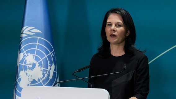 Die deutsche Außenministerin Annalena Baerbock (Grüne) bei der Weltklimakonferenz, der COP29, in Baku. © AP/dpa Foto: Rafiq Maqbool