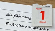 Auf einem Notizheft mit dem Schriftzug "Einführung E-Rechnungspflicht" liegt ein Kalenderblatt vom 1. Januar 2025. © picture alliance / ZB | Sascha Steinach 