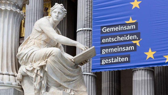 Eine Statue am österreichischen Parlament, dahinter Werbung für die EU-Wahl (Themenbild) © picture alliance Weingartner Foto 