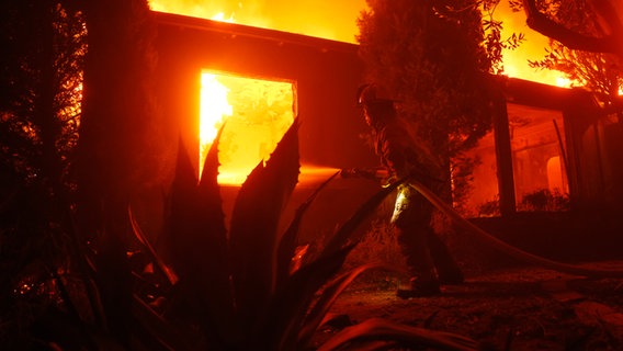 Ein Feuerwehrmann kämpft gegen das Palisades-Feuer im Stadtteil Pacific Palisades von Los Angeles. © Etienne Laurent/FR172066 AP/AP/dpa Foto: Etienne Laurent