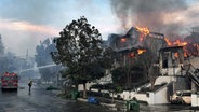 Feuerwehrleute der Feuerwehr von Los Angeles löschen einen Hausbrand im Stadtteil Pacific Palisades. © dpa bildfunk/AP Foto: Damian Dovarganes