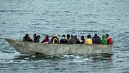 Ein kleines Boot mit Migranten im Mittelmeer, nachdem es von der tunesischen Küstenwache abgefangen und an die Küste der südtunesischen Stadt Sfax zurückgebracht wurde. © Khaled Nasraoui/dpa 