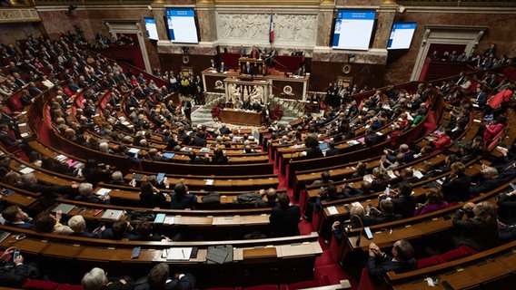 Die französische Nationalversammlung führt eine Debatte über Misstrauensanträge gegen die Regierung in der Nationalversammlung in Paris, Frankreich. © Aurelien Morissard/XinHua/dpa 