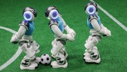 Roboter spielen Fußball während eines Trainingsspiels in einem Labor der Hochschule für Technik, Wirtschaft und Kultur Leipzig (HTWK) © picture alliance/dpa Foto: Jan Woitas