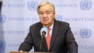 Antonio Guterres, Generalsekretär der Vereinten Nationen bei einem Pressestatement. © dpa - Bildfunk/ZUMA Press Wire Foto: Bianca Otero