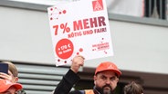 Arbeiter demonstrieren für die Metall- und Elektroindustrie mit Transparenten für eine Forderung von 7 Prozent mehr Lohn. © picture alliance/dpa Foto: Bernd Weißbrod