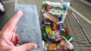 Ein Verbraucher hält nach einem Einkauf in einem Supermarkt einen Kassenzettel in der Hand. © Bernd Weißbrod/dpa 