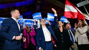 Michael Schnedlitz (FPÖ, l-r) und Herbert Kickl, Vorsitzender der Freiheitlichen Partei Österreichs (FPÖ), sind bei der Wahlparty im Rahmen der Nationalratswahl in Wien. © Roland Schlager/APA/dpa 