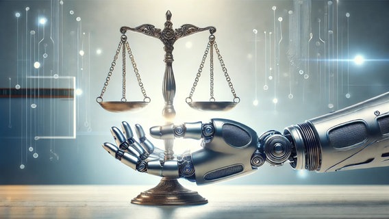 Roboterhand vor Waage der Justitia (Illustration KI-generiert mit DALL-E von OpenAI) © NDR, generiert mit Dall-E von OpenAI 