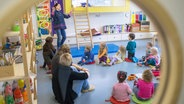 In einer bilingualen Kita in Schwerin agiert eine Erzieherin mit Kindern in einem Sitzkreis. © picture alliance Foto: Jens Büttner