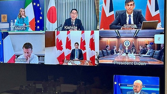 Die Staats- und Regierungschefs der G7-Staaten erörtern den iranischen Angriff auf Israel während einer Videokonferenz. Das Foto wurde von EU-Ratspräsident Charles Michel auf der Plattform X veröffentlicht. © Charles Michel via X via Reuters 