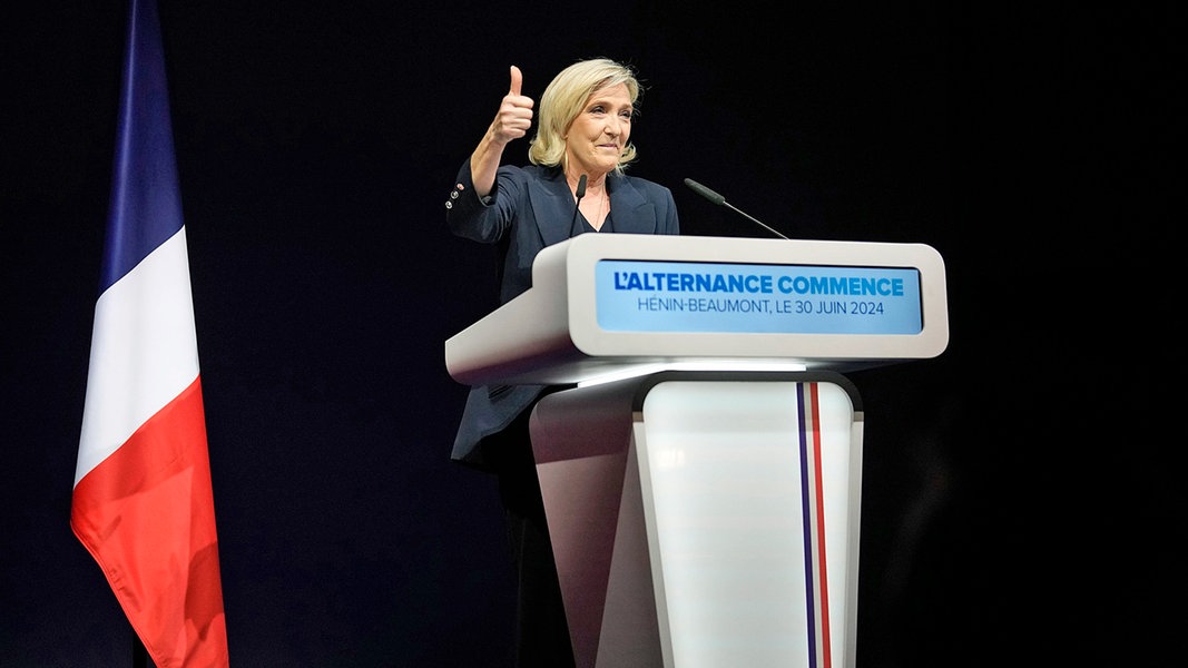 Marine Le Pen, Präsidentschaftskandidatin des Rassemblement National (RN), an einem Rednerpult.