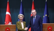 Der türkische Präsident Recep Tayyip Erdogan , schüttelt die Hand der Präsidentin der Europäischen Kommission Ursula von der Leyen am Ende einer gemeinsamen Pressekonferenz nach ihrem Treffen. © picture alliance/dpa/DIA Photo | Yavuz Ozden Foto: Yavuz Ozden