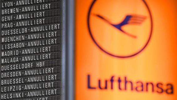 Annullierte Flüge der Lufthansa werden auf einer Anzeigetafel angezeigt. © dpa - Bildfunk Foto: Arne Dedert