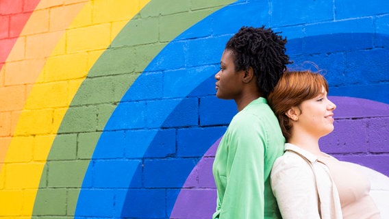 Zwei Mädchen stehen vor einer Regenbogen-Wand. © imago Foto: Westend61