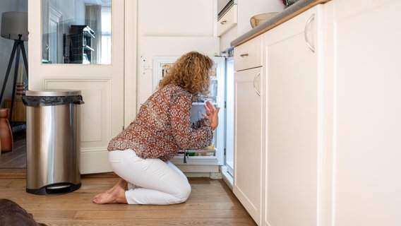 Eine Frau kniet vor einem geöffneten Kühlschrank und fächelt sich kühle Luft ins Gesicht. © picture alliance / Connect Images | Pancake Pictures 