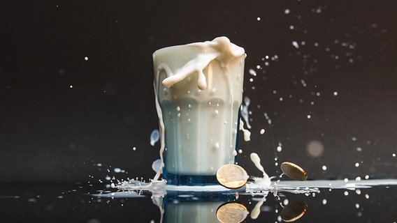 Ein Glas mit Milch, die über den Rand hinausläuft und einige Euro Geldstücke liegen auf dem Boden © picture alliance / dpa Foto: Paul Zinken