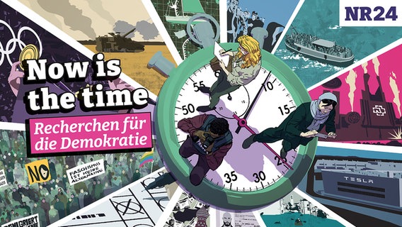 Auf dem Banner von Netzwerk Recherche ist zu lesen "Now is the time - Recherchen für die Demokratie". © Netzwerk Recherche 