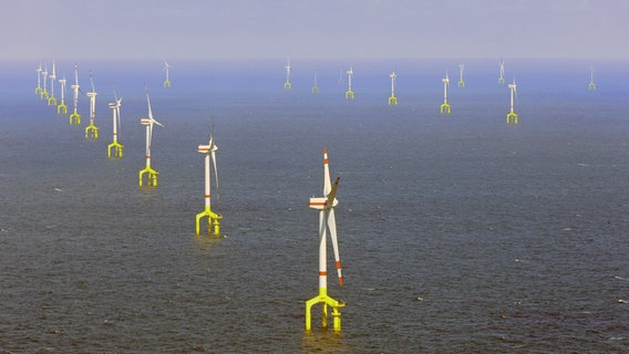 Windräder im Offshore-Windpark nordwestlich von Borkum (Niedersachsen). © picture alliance/dpa 