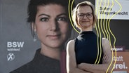 Katja Wolf, Landesvorsitzende des Bündnis Sahra Wagenknecht (BSW) und Spitzenkandidatin für die Landtagswahl in Thüringen, steht vor einem Plakat. © picture alliance Foto: Martin Schutt