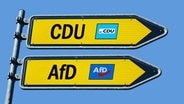 Zwei Wegweiser mit den Aufschriften "CDU" und "AfD" und den jeweiligen Partei-Logos stehen übereinander. © ZB (Fotomontage) Foto: Sascha Steinach