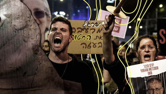 Gil Dickmann (links), Cousin der israelischen Geisel Carmel Gat, und Ayala Metzger (rechts), Schwiegertochter der israelischen Geisel Yoram Metzger, rufen während einer Demonstration Slogans, während sie Fotos ihrer in Hamas-Gefangenschaft gehaltenen Angehörigen halten. © Imago 