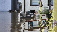 Hochwassergebiet in Günzburg in Bayern, Süddeutschland: Im Wasser schwimmen einen Sessel, ein Kinderfahrrad und Mülltonnen. © picture alliance Foto:  Michael Bihlmaye