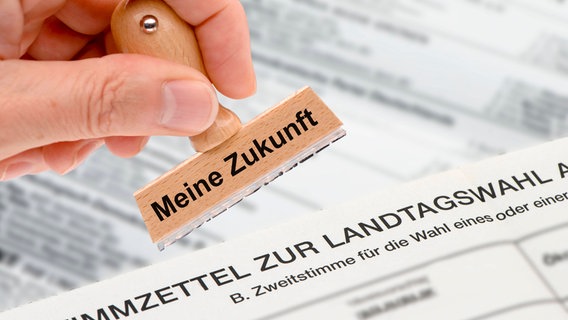 Stimmzettel zur Landtagswahl: Ein Holzstempel ist beschriftet mit dem Aufdruck "Meine Zukunft über einem Stimmzettel" zur Landtagswahl (Fotomontage) © imago images Foto: Wolfilser