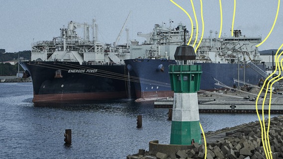 Die Regasifizierungsschiffe (FSRU) ENERGOS POWER (l.) und NEPTUNE liegen an ihrem Liegeplatz im Hafen Mukran auf der Insel Ruegen. Mit der Ankunft des zweiten FSRU ist das LNG-Terminal komplett. © picture alliance Foto: Jörg Carstensen