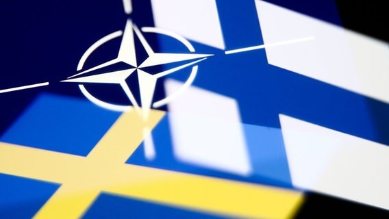 Die beiden Flaggen von Finnland und Schweden unter dem Symbolzeichen der Nato © picture alliance / NurPhoto Foto: Jakub Porzycki