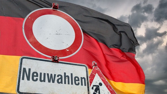 Schilder an einer imaginären Baustelle. Verkehrszeichen 250 (Verbot fuer Fahrzeuge aller Art) in runder Form, ein Zusatzschild mit der Aufschrift: "Neuwahlen" an einem Schildermast und im Hintergrund das Schild Zeichen 123 Arbeitsstelle bzw. Baustelle vor einem grau bewölkten Himmel mit aufziehendem Gewitter und einer im Wind wehenden Deutschlandfahne. © picture alliance / SULUPRESS.DE | Torsten Sukrow / SULUPRESS.DE Foto: Torsten Sukrow