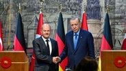 Bundeskanzler Olaf Scholz (links) und der Präsident der Türkei, Recep Tayyip Erdogan (rechts), geben sich nach einer Pressekonferenz in Istanbul die Hand. © AP/dpa Foto: Khalil Hamra