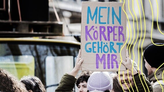 Bei einer Demo wird ein Pappschild mit den Worten "Mein Körper gehört mir" hochgehoben. © Imago Images 