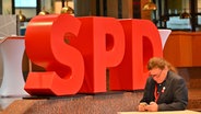 Ein SPD-Mitglied steht beim Landesparteitag der SPD Baden-Württemberg vor einem Partei-Logo. © dpa Foto: Jan-Philipp Strobel