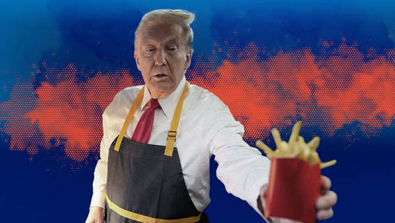 Der republikanische Präsidentschaftskandidat und ehemalige Präsident Donald Trump serviert eine Pommes-Bestellung, bei einem Besuch bei McDonald's in Feasterville-Trevose, Pa., Sonntag, 20. Oktober 2024. © The New York Times via AP, Pool Foto: Doug Mills