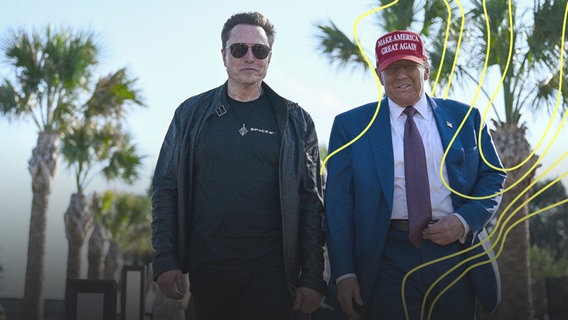 Der designierte US-Präsident Donald Trump spaziert mit Elon Musk vor dem Start des sechsten Testflugs der SpaceX Starship-Rakete am Dienstag, 19. November 2024, in Boca Chica, Texas. © picture alliance Foto: Brandon Bell