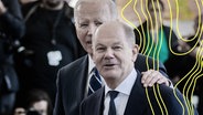 US-Präsident Joe Biden und Bundeskanzler Olaf Scholz begrüßen sich vor dem Kanzleramt. © dpa-Bildfunk Foto: Christoph Soeder