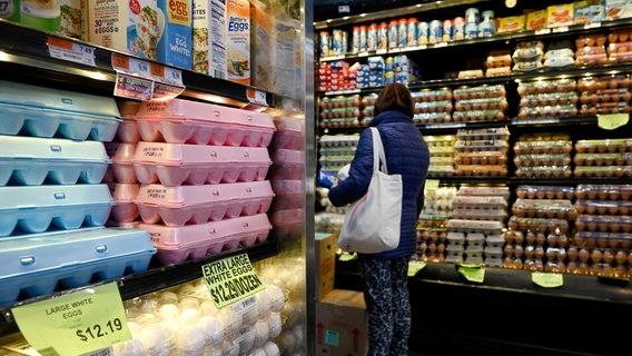 Eine Frau steht in einem US-Supermarkt vor einem Regal mit Eiern, die Preise sind höher als gewöhnlich. © picture alliance Foto: Anthony Behar