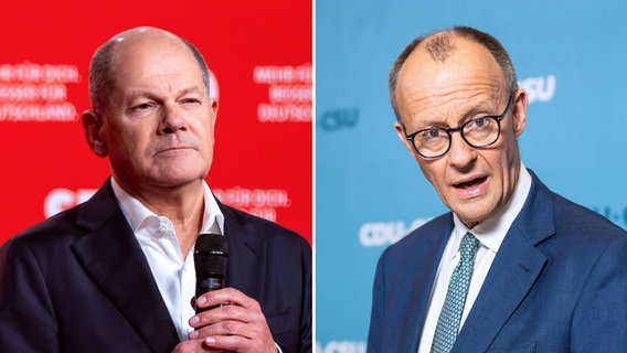 Olaf Scholz (SPD) und Friedrich Merz (CDU) treten im TV-Duell von ARD und ZDF zusammen an. © picture alliance / Eibner-Pressefoto | Eibner-Pressefoto/Florian Wiegand / picture alliance/dpa | Michael Kappeler Foto: Florian Wiegand / Michael Kappeler