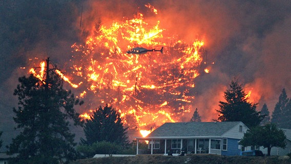 Ein Hubschrauber fliegt über einen Waldbrand hinter einem evakuierten Haus auf dem Mount McLean in Lillooet, British Columbia, (Kanada). brannte. © empics Foto: Darryl Dyck