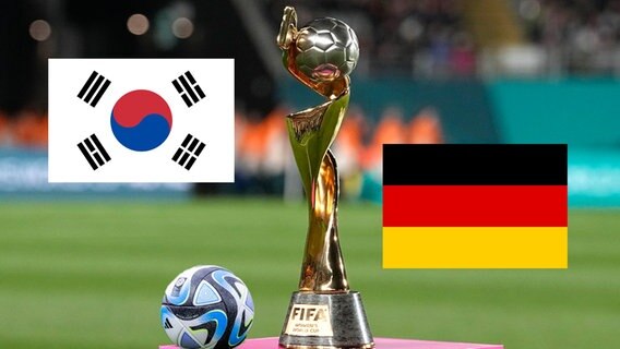 Das Thumbnail mit Trophäe der Frauenfußball-WM 2023 in Australien und Neuseeland auf das Spiel Südkorea gegen Deutschland. © dpa/AP und Creative Common Foto: Abbie Parr