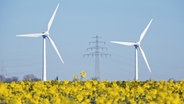 Zwei Windräder und ein Hochspannungsmast stehen hinter einem blühenden Rapsfeld im Landkreis Hildesheim. © dpa Foto: Mia Bucher