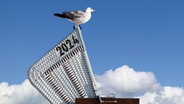 Eine Möwe sitzt auf einem Strandkorb auf dem 2024 steht. © photocase Foto: MacRein