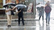 Mehrere Fußgänger tragen Regenschirme und gehen bei Starkregen über eine Straße. © dpa bildfunk Foto: Bodo Marks